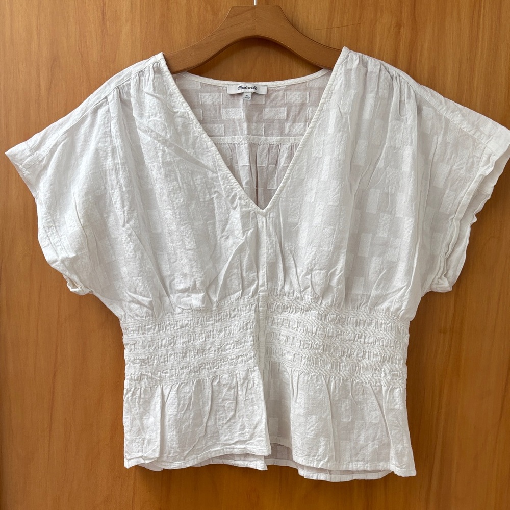 Madewell White Textured V-Neck Blouse